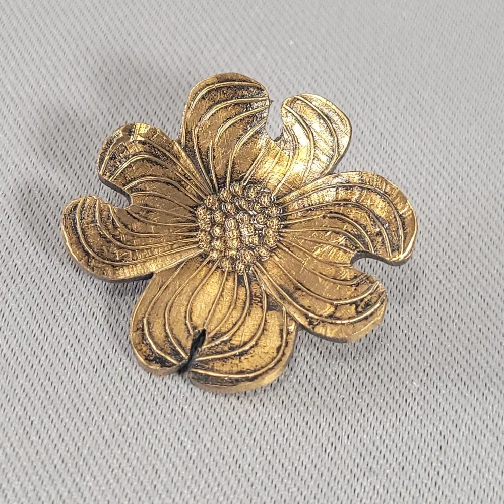 WAF Dogwood Flower Brooch Womens Antiqued Bronze Tone Floral Pin